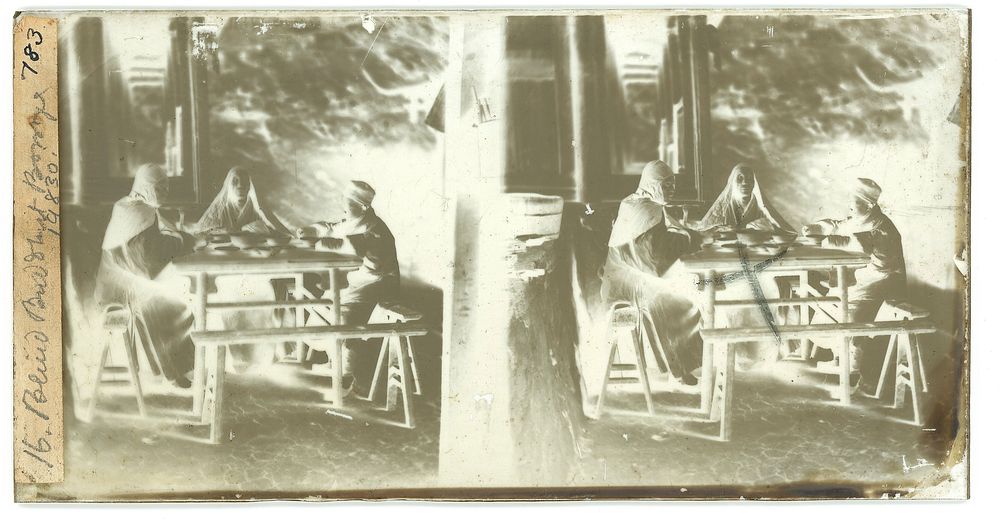 Fangguangyan monastery, Fujian province, China: three monks at the meal table. Photograph by John Thomson, 1870-18711.