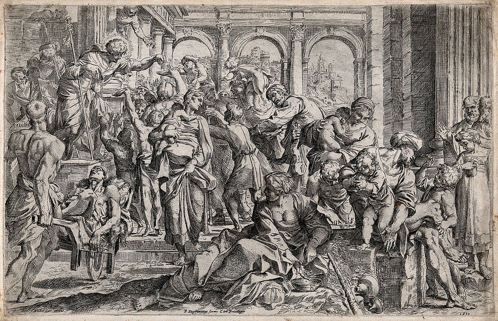 Saint Roch dispensing charity. Etching, 1610, after Annibale Carracci.