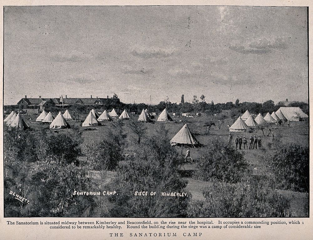 Boer War: the sanatorium camp used during the siege of Kimberley. Process print after Bennett, 1899.