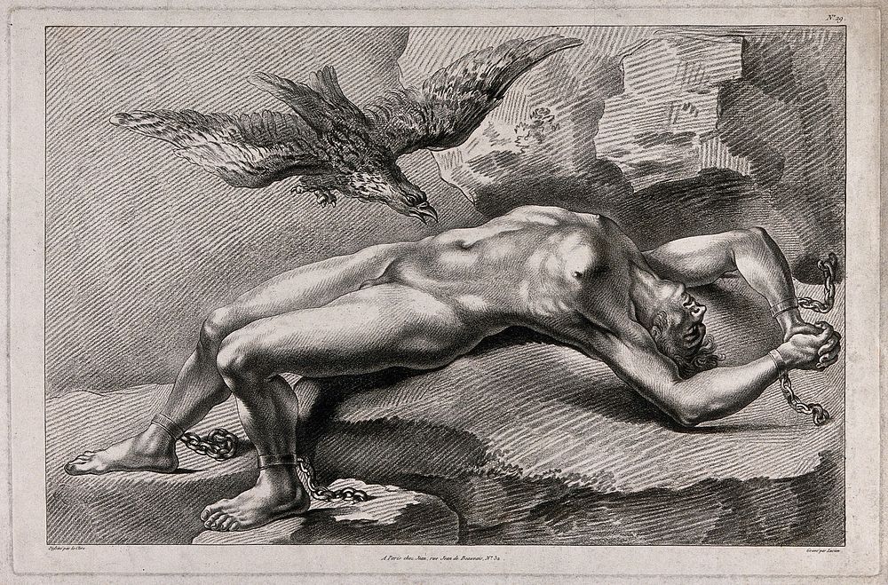 Prometheus bound to a rock, his liver eaten by an eagle. Crayon manner print by Lucien after P.T. Leclerc.