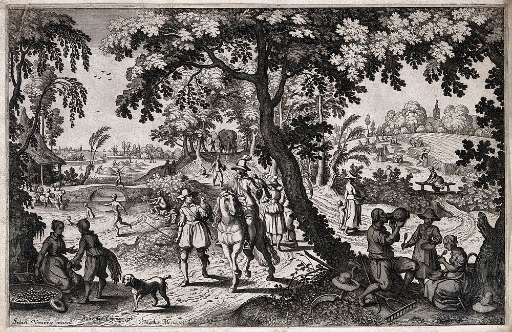 A country scene with many activities depicted: these include, from left to right, picking cherries, bathing, hay-making…