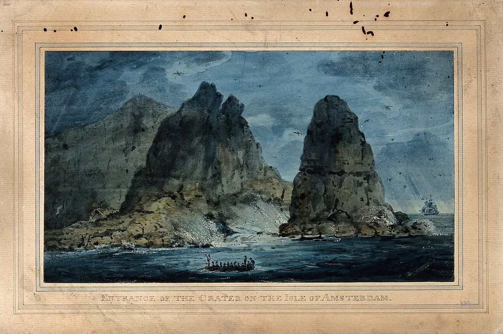 Entrance to the crater of the island of Amsterdam, Indian Ocean. Watercolour by E.H. Locker, 1804.