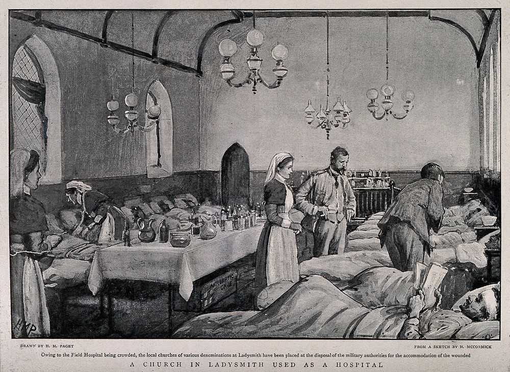 Boer War: a full military hospital ward housed in a church in Ladysmith, South Africa. Halftone, c.1900, after H. Paget…