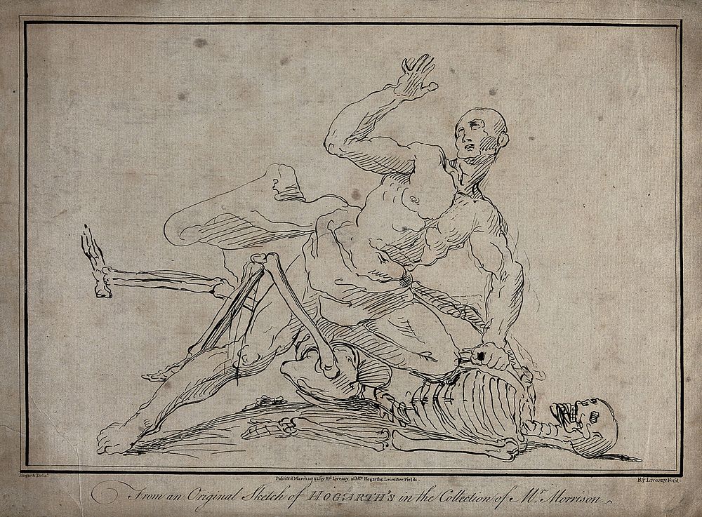 A skeleton wrestling with a man, the man seems to be winning. Engraving by R. Livesay after W. Hogarth.