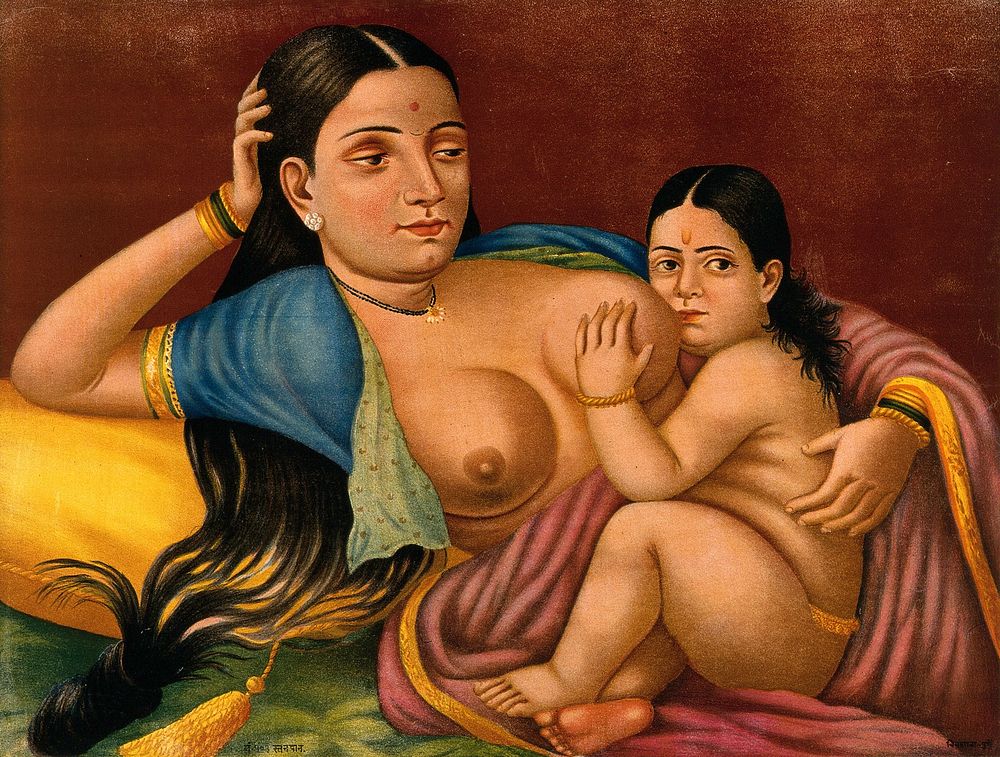 Woman suckling an infant. Chromolithograph.