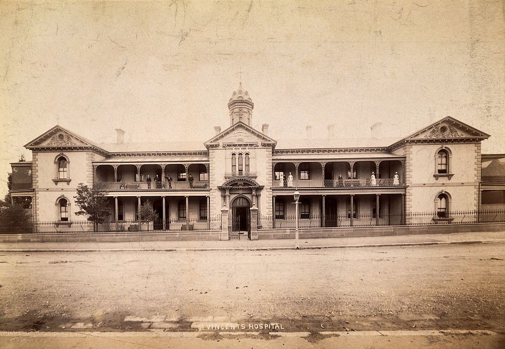 Saint Vincent's Hospital, Sydney: exterior. Photograph by C. Bayliss, 188-.