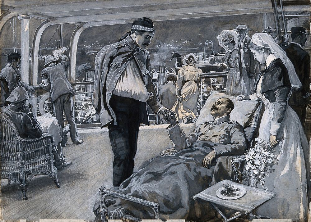 Boer War: the ward of a hospital ship in which a nurse converses with an anxious lady and her daughter. Gouache painting by…