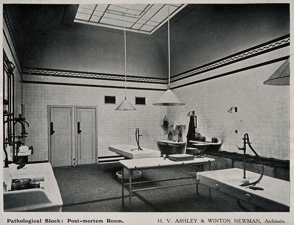 Royal Free Hospital, London: the interior of the post-mortem room in the pathological block. Process print, 1913.