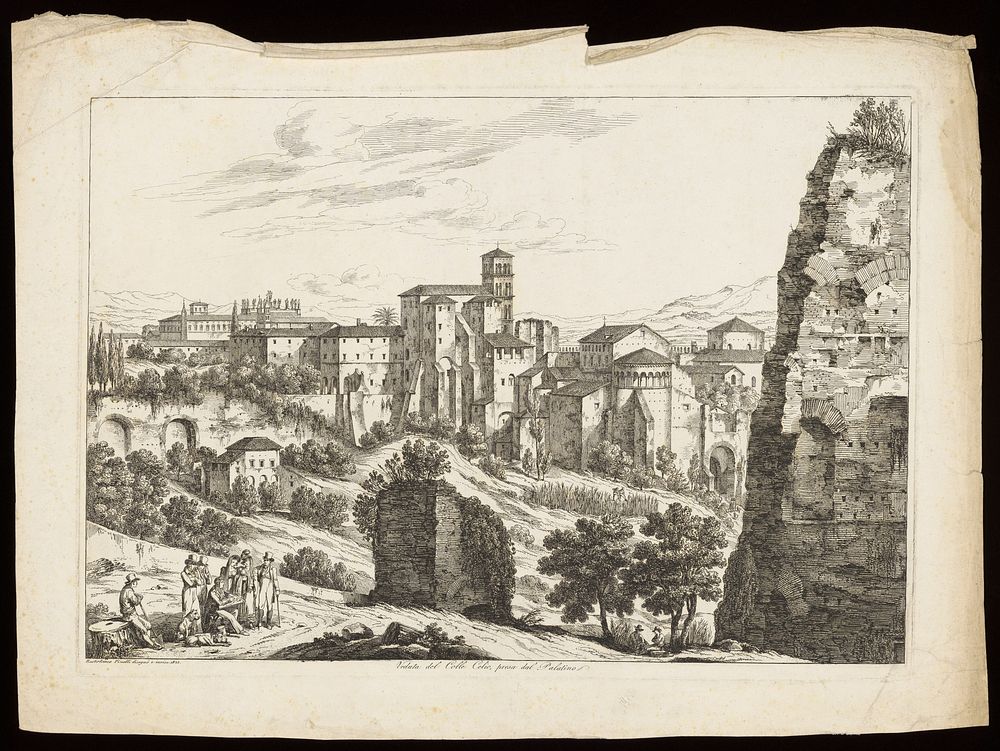The Caelian hill, Rome, seen from the Palatine. Etching by B. Pinelli, 1825.
