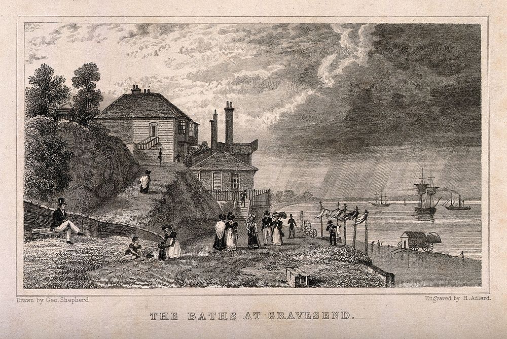 The Baths, Gravesend, Kent: public beach. Line engraving by H. Adlard, 1828, after G. Shepherd.