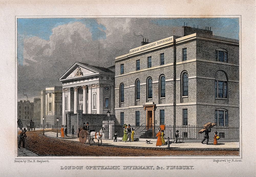 London Ophthalmic Infirmary, and the Catholic church, Finsbury. Coloured engraving by R. Acon after T. H. Shepherd.