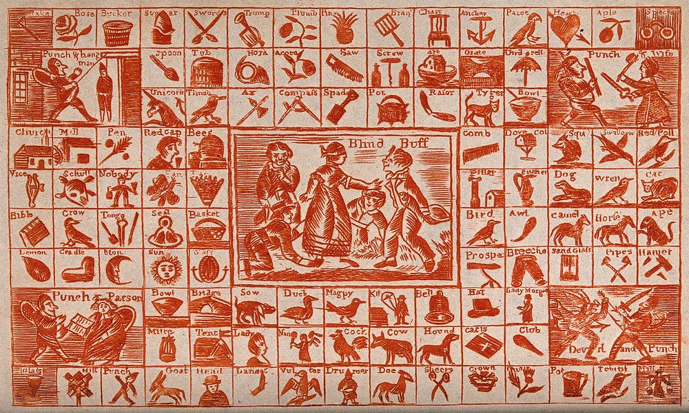 Objects, people and activities with their names, as a teaching aid for children. Colour engraving .