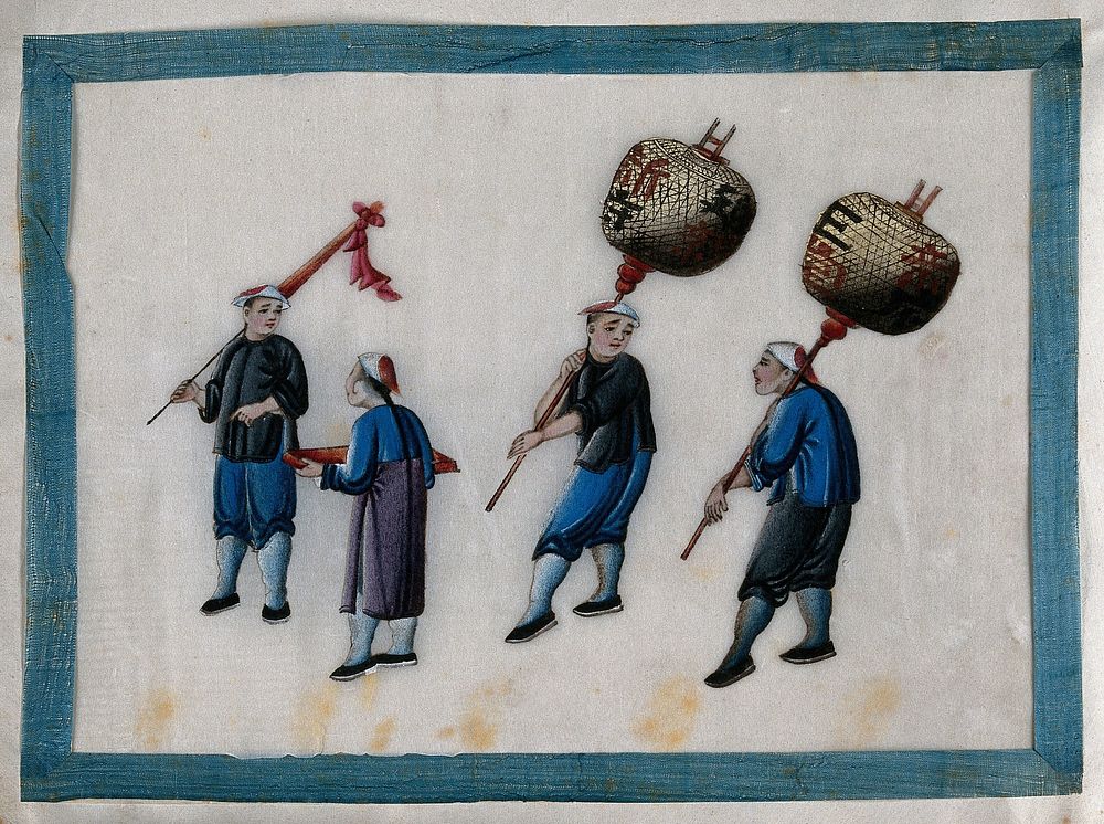 A procession of four Chinese people with lanterns. Gouache by a Chinese artist, ca. 1850.