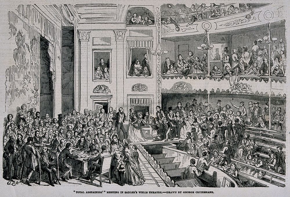 A well attended meeting of "total abstainers" in the Sadler's Wells Theatre. Wood engraving, c. 1854, after G. Cruikshank.