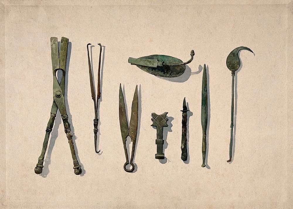 Eight ancient Roman surgical instruments. Watercolour, 1850/1910.