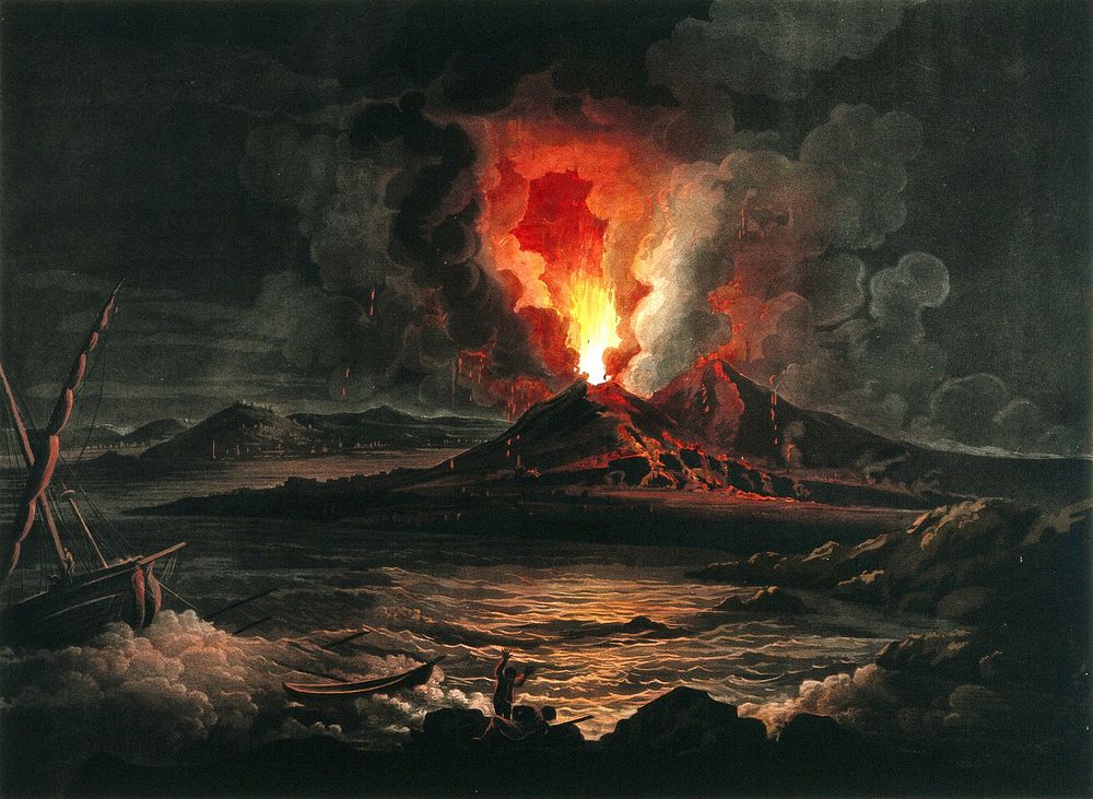 An eruption of Mount Vesuvius at night; boat and two men in the foreground. Coloured aquatint by J.W. Edy after J. More…