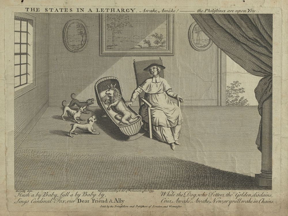 A cardinal singing a lullaby to a lion; representing an attempt by France to maintain the neutrality of the Netherlands in…