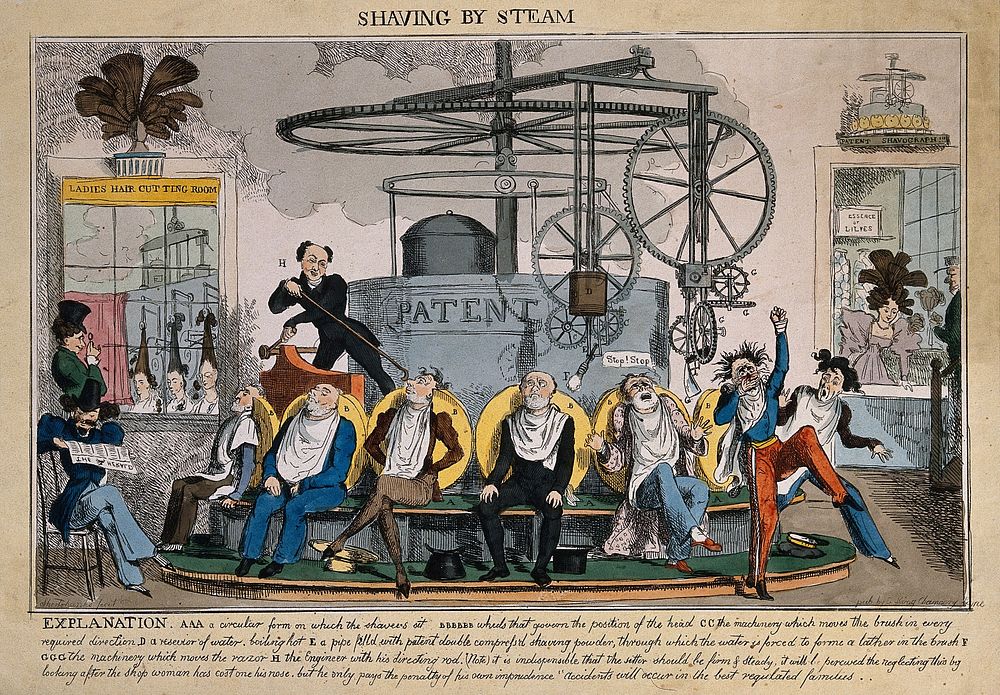 A shaving machine powered by steam. Coloured etching by R. Seymour.