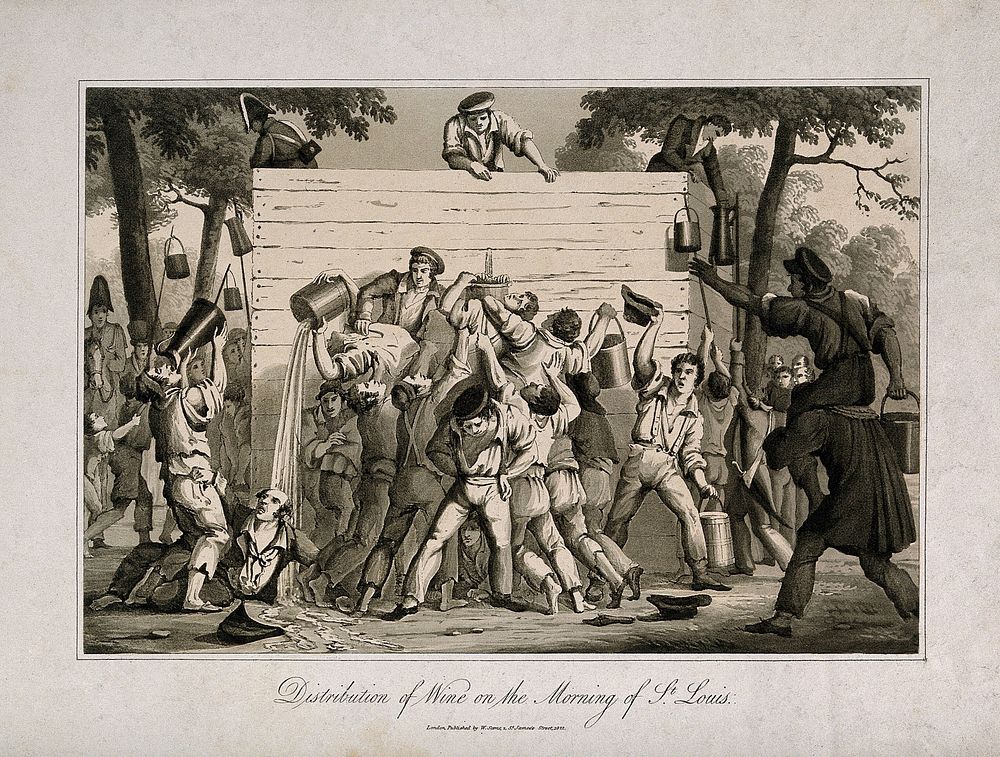 Three men handing out wine from a high wooden structure to a drunken hoard clutching large jugs, etc. Aquatint, c. 1822.