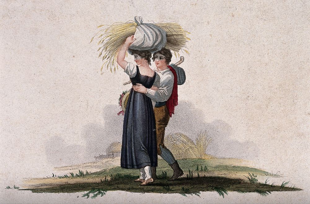 After harvesting a young man walks with his arm around a young woman's waist while she carries a bundle of straw on her…