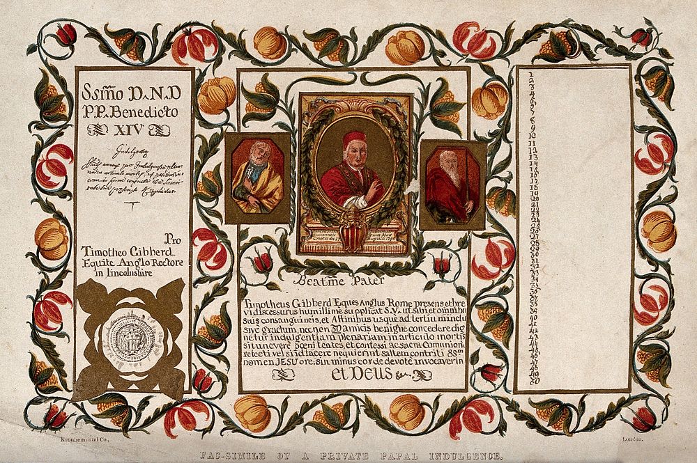A private papal indulgence granted to the Rev. Timothy Gibberd. Colour lithograph, 18--.