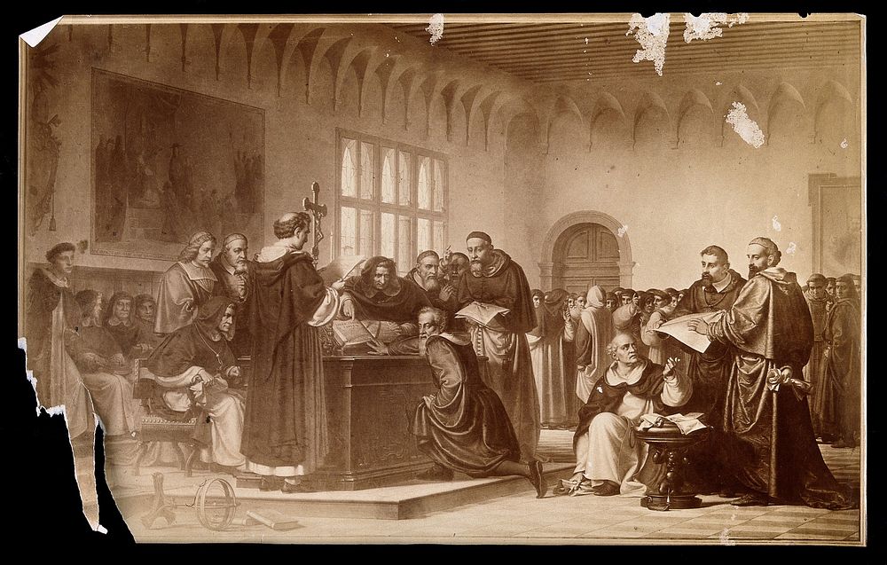 Galileo Galilei at his trial by the Inquisition in Rome in 1633. Photograph of a painting.