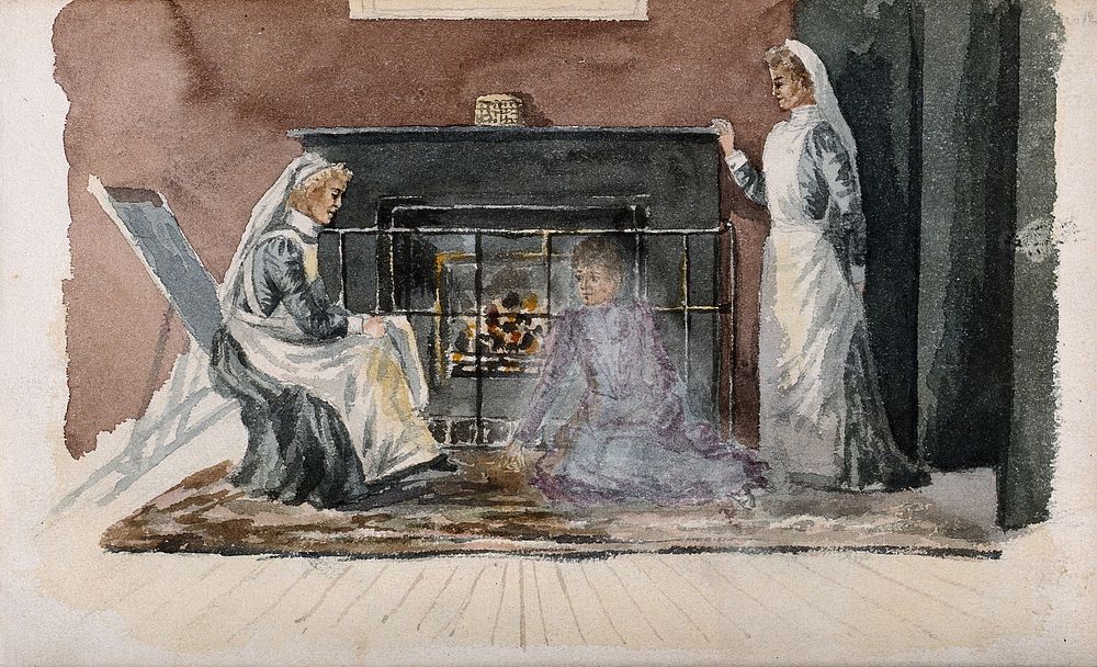 The London Fever Hospital, Liverpool Road, Islington: two nurses and a patient [] in front of a guarded fire. Watercolour…