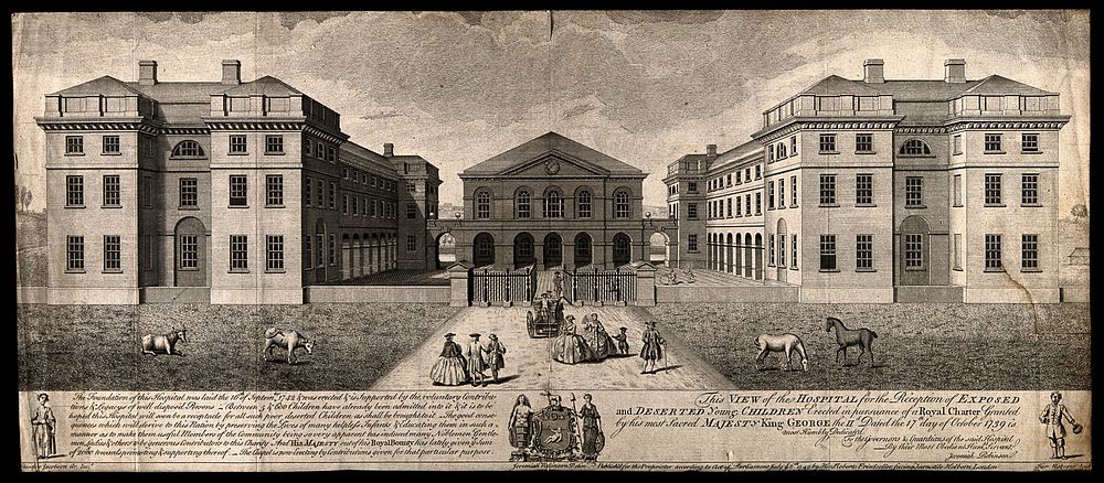 Foundling Hospital, London. Etching by H. Roberts, 1749, after J. Robinson after T. Jacobson.