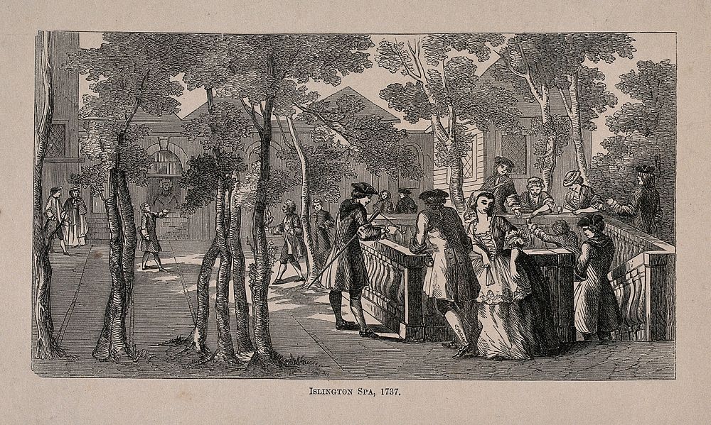 Sadler's Wells, as it was in 1737, with fashionable water-drinkers. Wood engraving, [post 1840].