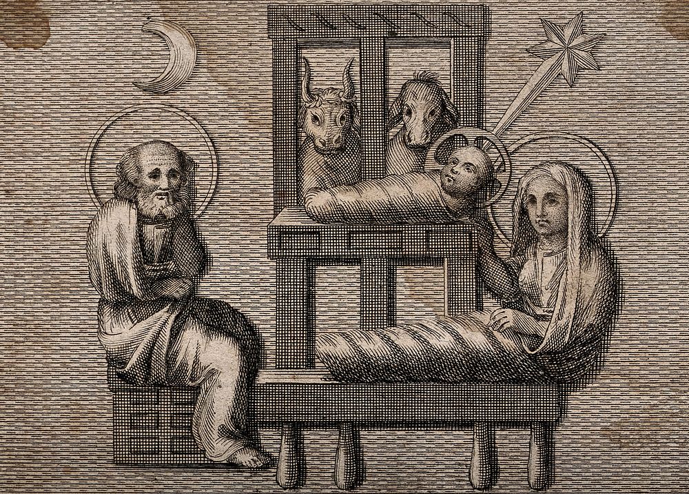The Virgin Mary and the infant Christ wrapped in swaddling clothes; Joseph sits nearby. Etching by F. de Grado.