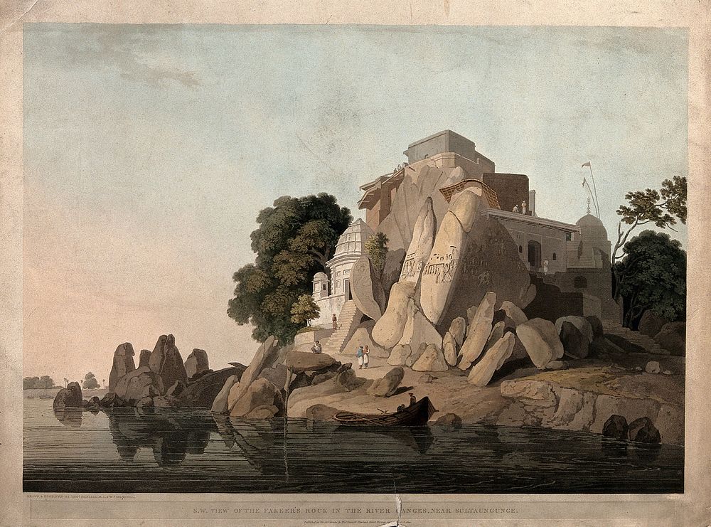 Fakir's Rock on the river Ganges, near Sultanganj, Bihar: south west view. Coloured aquatint by Thomas and William Daniell…