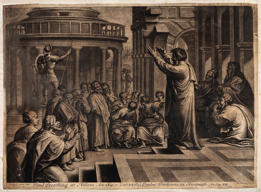 Saint Paul preaches before a crowd in Athens. Mezzotint by J. Simon after Raphael.