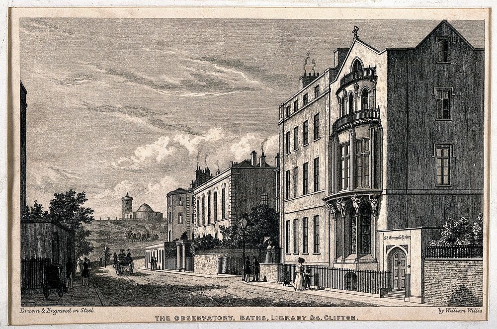 The promenade leading to the Observatory, Baths, and Library, Clifton, Bristol. Steel engraving by W. Wallis after himself…