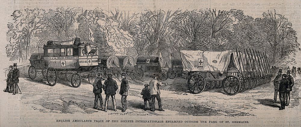 Franco-Prussian War: English ambulance services encamped outside the Park of St. Germain, Paris. Wood engraving.
