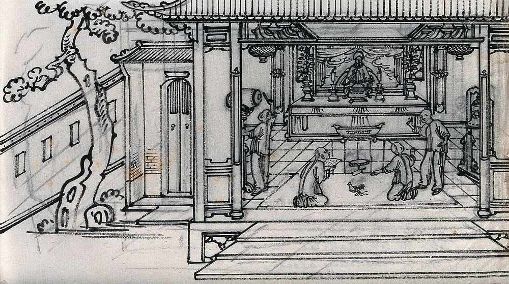 A Chinese man taking an oath before a shrine to the god Paak-tai, while another man prepares to decapitate a cock. Ink…