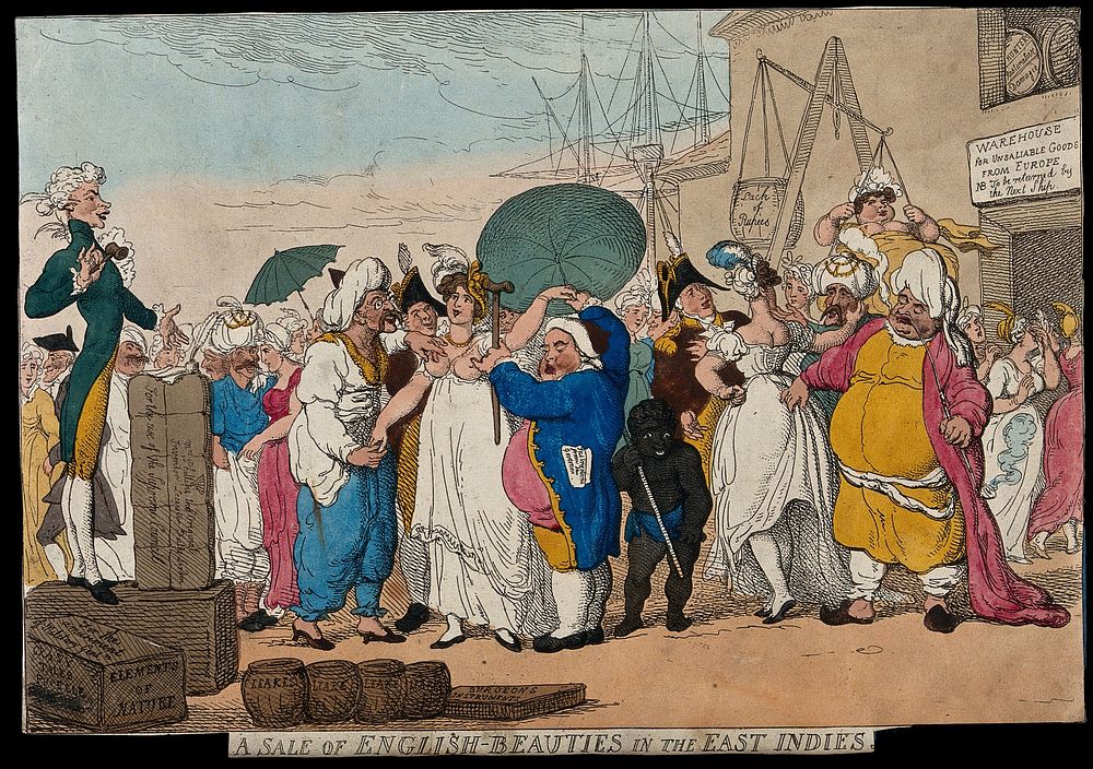 English courtesans being sold at auction to British and Asian men in a port controlled by the East India Company. Coloured…