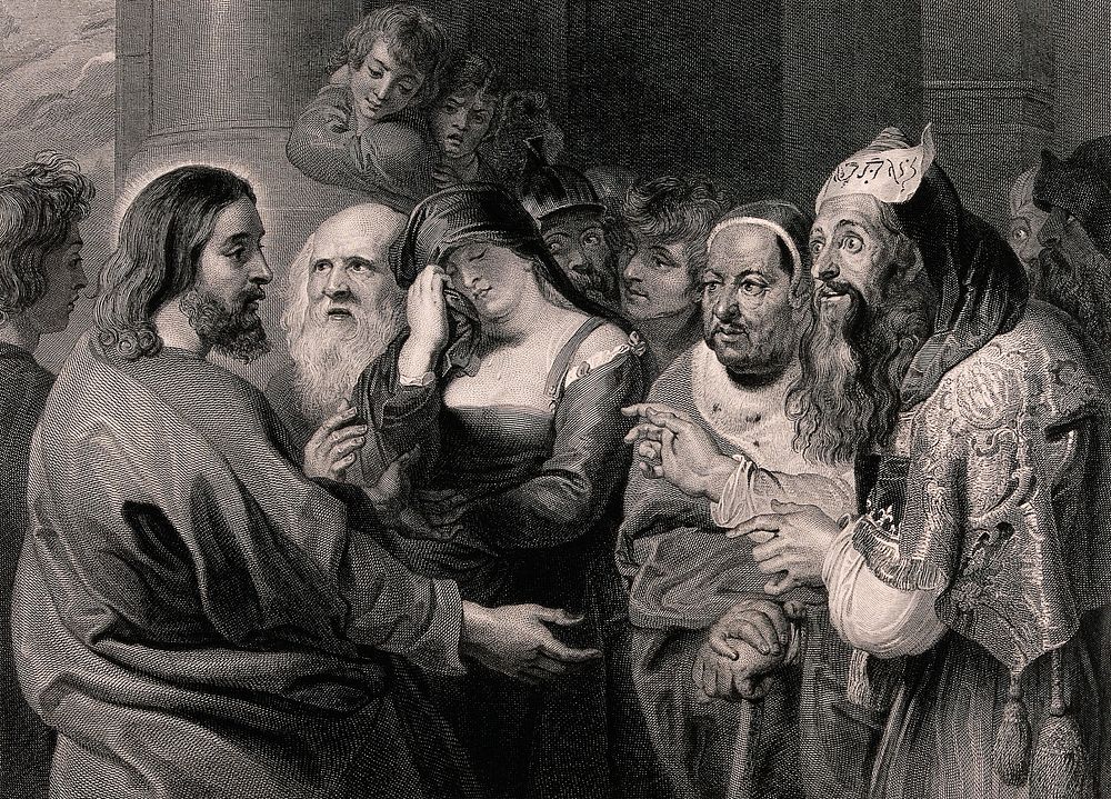 Christ and the woman taken in adultery. Engraving by W. Bromley after P.P. Rubens.
