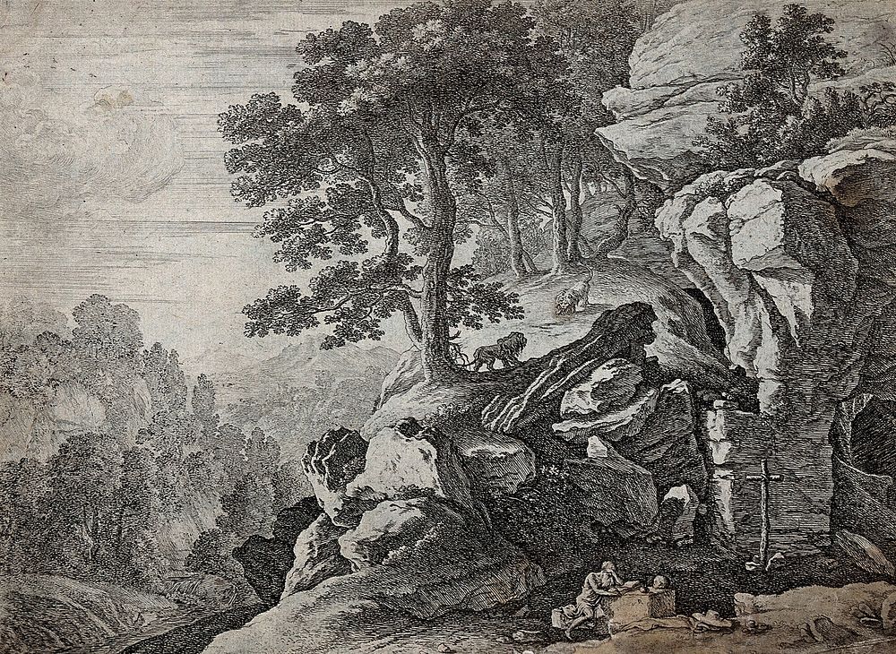 Saint Jerome in a landscape. Etching by H. van Swanevelt.