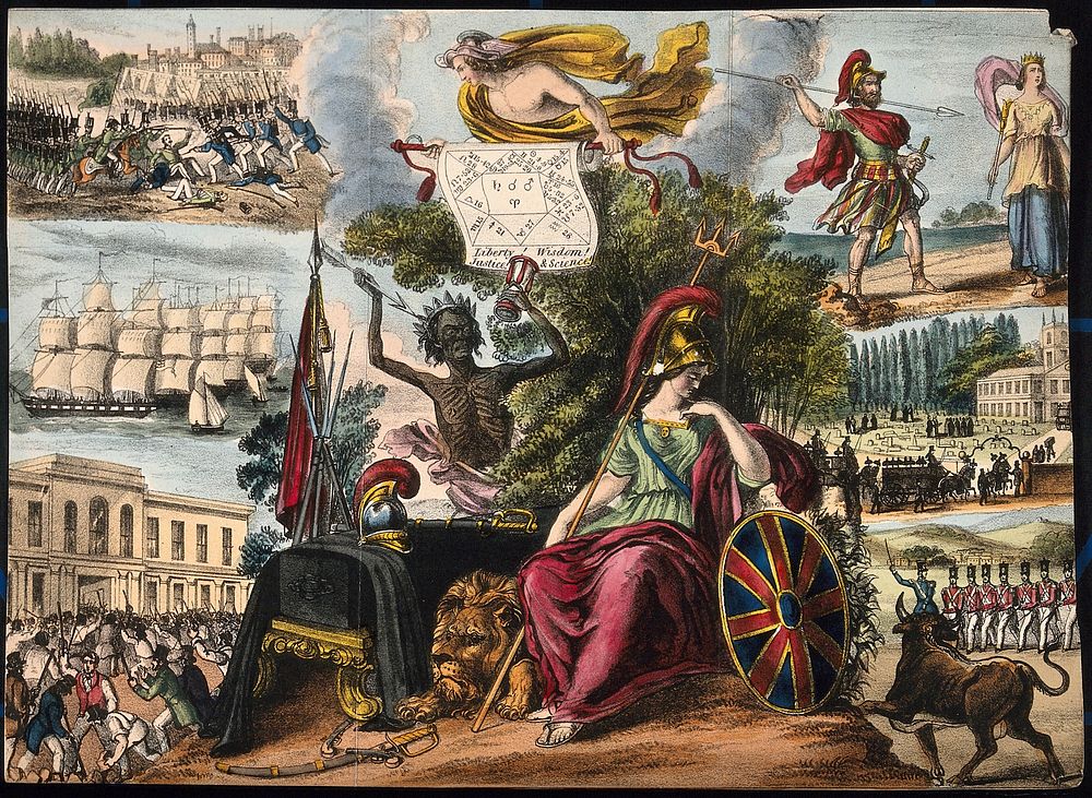 Astronomy: various apocalyptic scenes, including a funeral, war, and riotous assembly. Coloured lithograph, [c.1838].