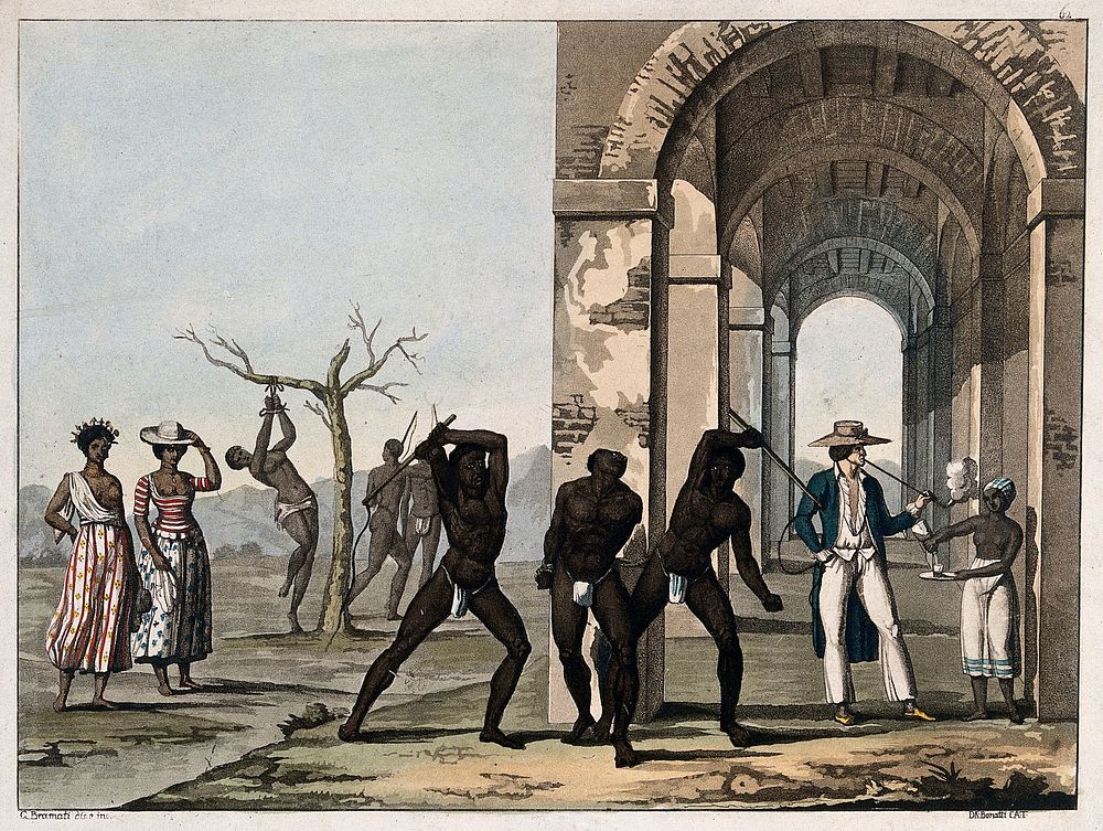 Two black men wearing loincloths flogging another man in a loincloth while a white man stands nearby smoking a pipe being…