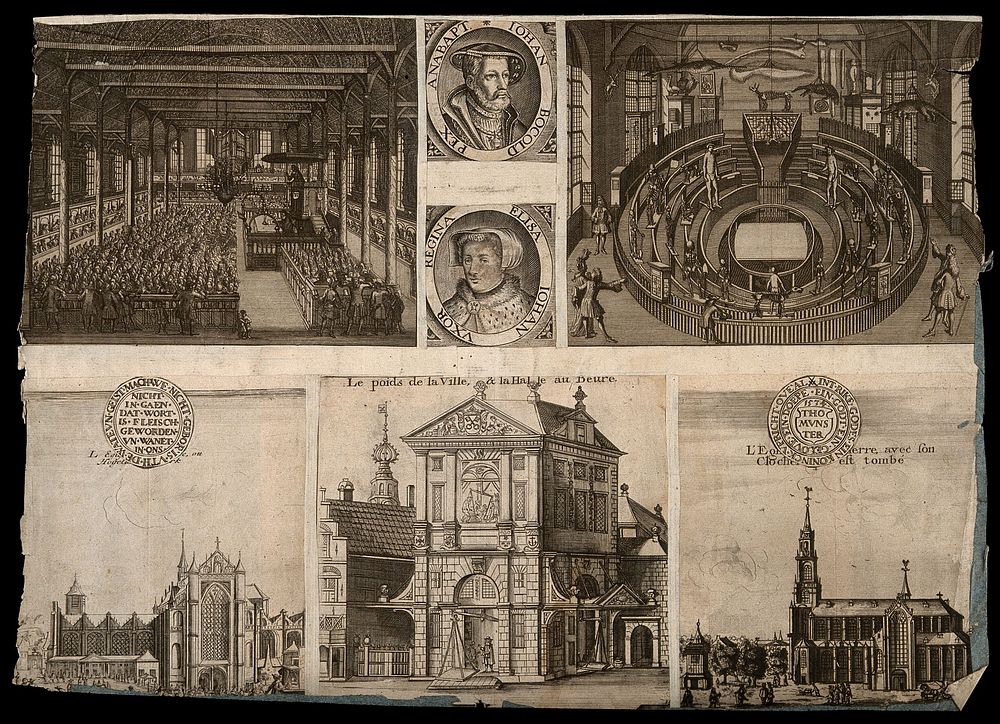 Leiden, the Netherlands: the anatomy theatre, interior of a church, town weighing establishment and portraits. Line…