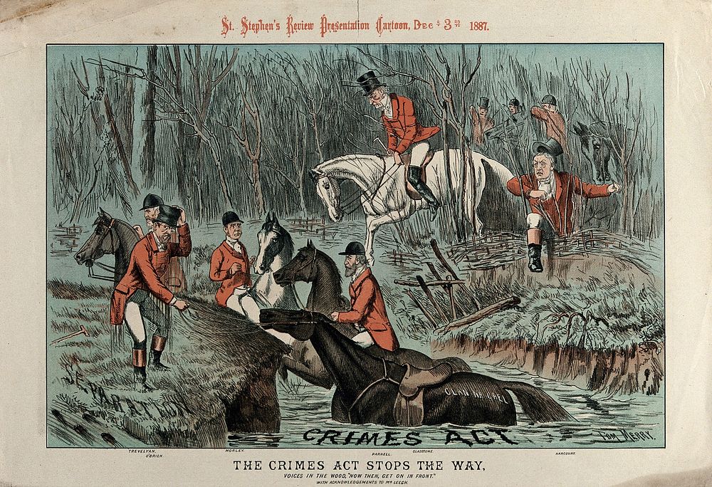 British politicians as huntsmen arriving at a river representing the Criminal Law and Procedure (Ireland) Act 1887. Colour…