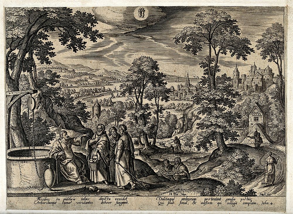 The month May and the sign Gemini, represented by a hilly landscape in spring and Christ and the woman of Samaria. Engraving…