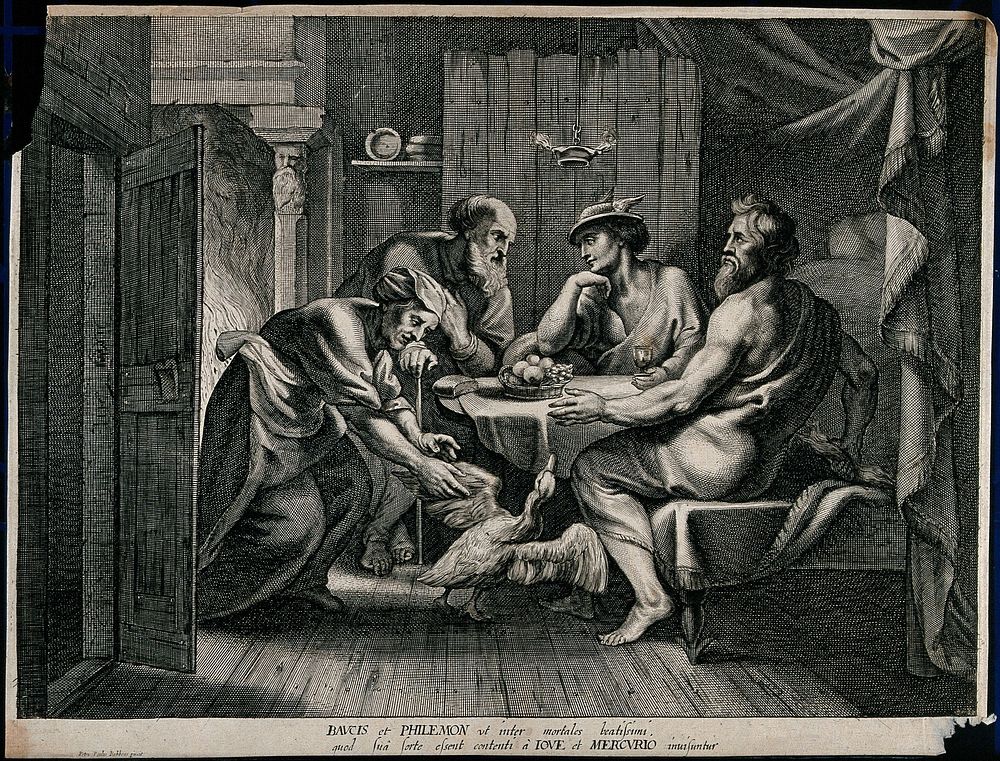Philemon and Baucis providing food and shelter for Jupiter [Zeus] and Mars [Ares] who are disguised as travellers. Engraving…