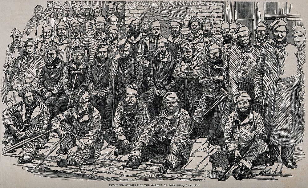 Invalided soldiers assembled in the garden of Fort Pitt Hospital, Chatham. Wood engraving, c. 1855.