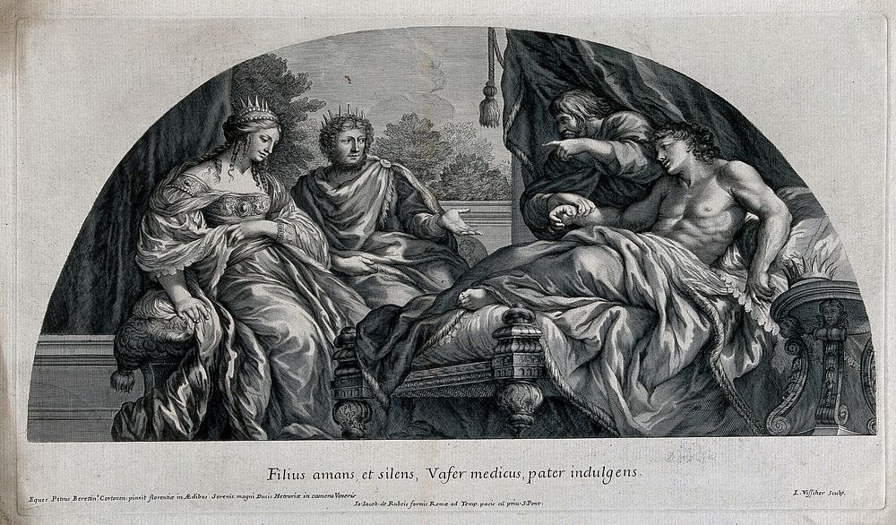 Antiochus is reclining on a bed while his physician Erasistratus is taking his pulse; King Seleucus and Queen Stratonice are…