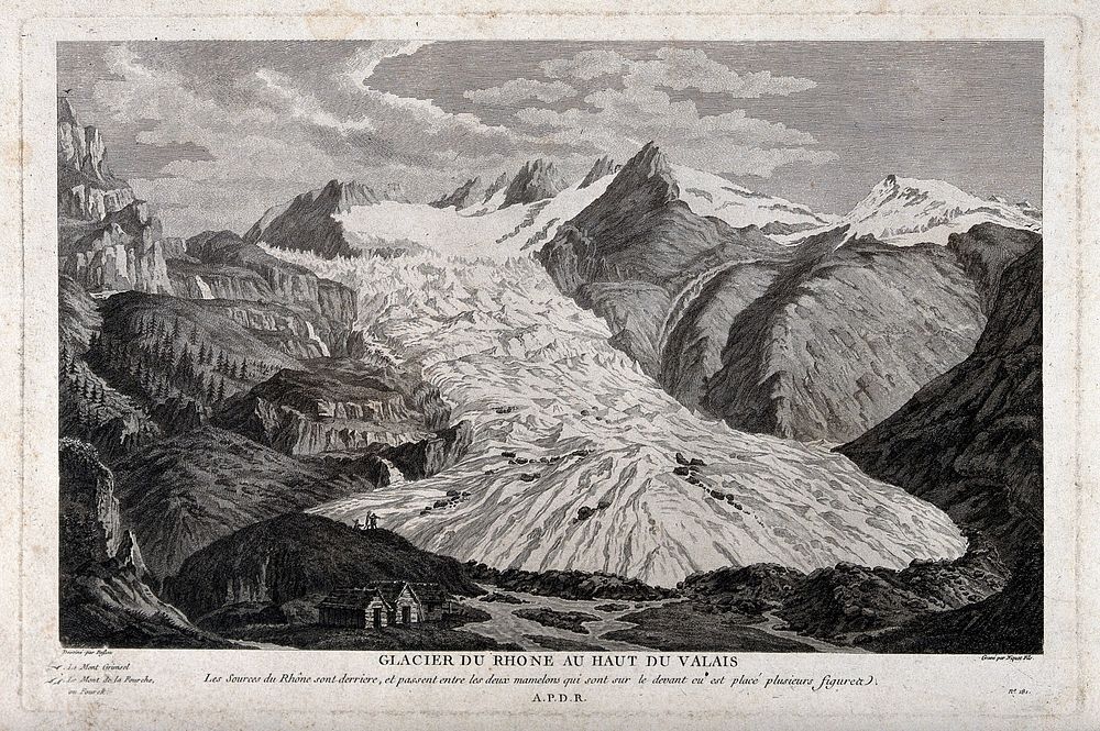 Geology: the Rhone glacier in the Valais. Engraving by C. Niquet the younger after J.S.D. Besson.
