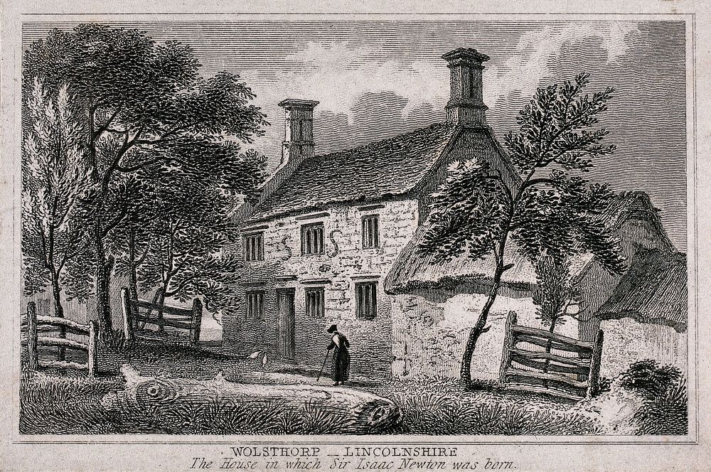The house in Woolsthorpe, Lincolnshire, where Sir Isaac Newton was born; an old woman walks with a stick in the foreground.…