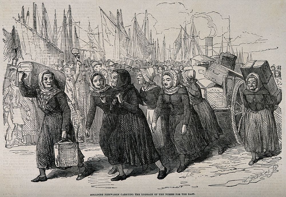 Crimean War, France: fishwomen carrying the luggage of nurses at Boulogne. Wood engraving by W. Thomas.
