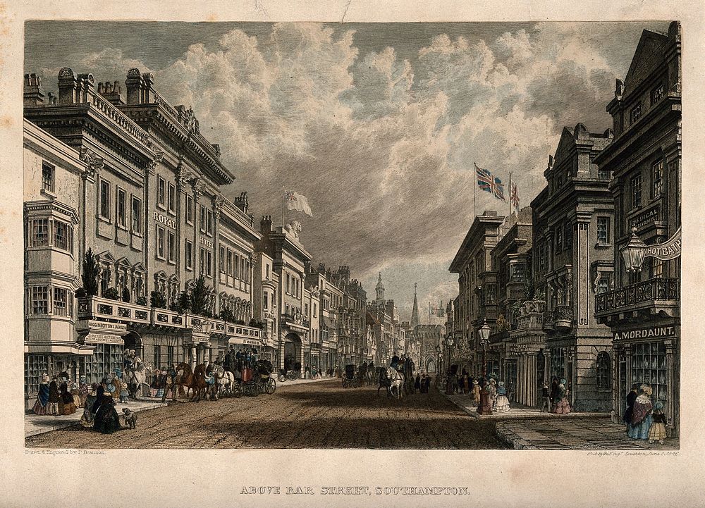 Above Bar Street, Southampton, Hampshire. Coloured engraving by P. Brannon, 1846.